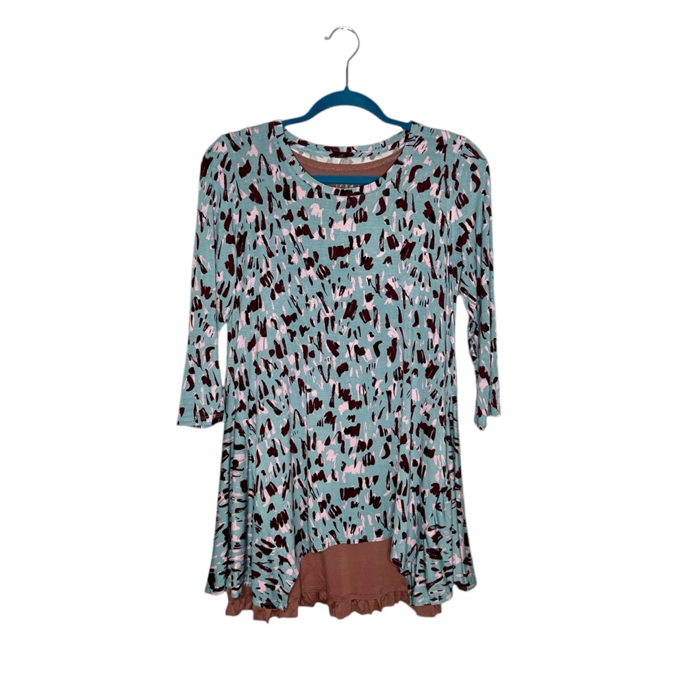 LOGO Lori Goldstein Blue Printed Double Layer Asymmetrical Hem Blouse Size XS
